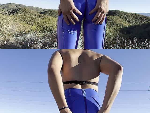 Lunas plays outside in PVC Leggings