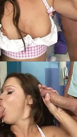 Sexy teen is watched by two guys doing sports and then fucked dirty in the gym