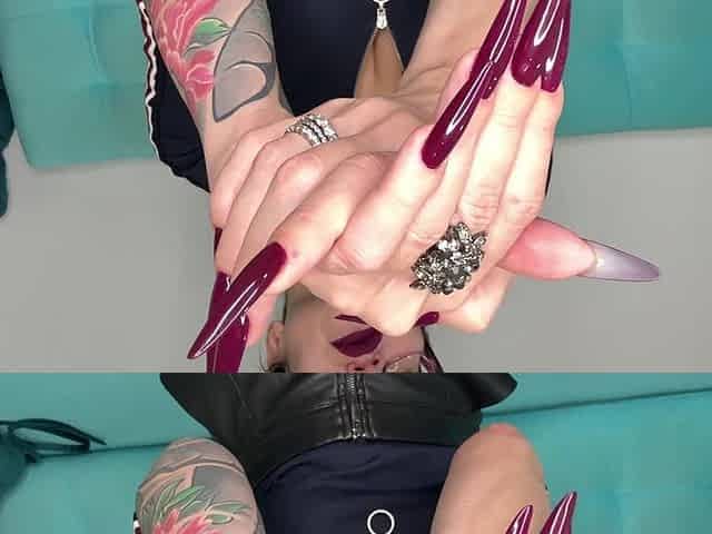 Dark Purple Long Nails, Claws, Long Flexible Fingers and Dark Lipstick