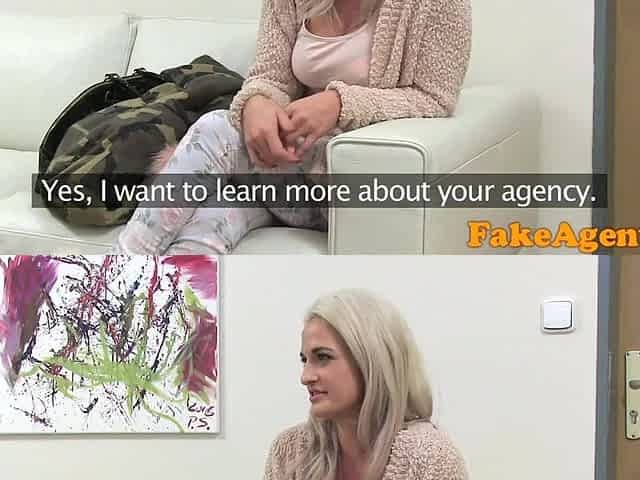 Fake Agent Sexy golden-haired model likes dong over the desk
