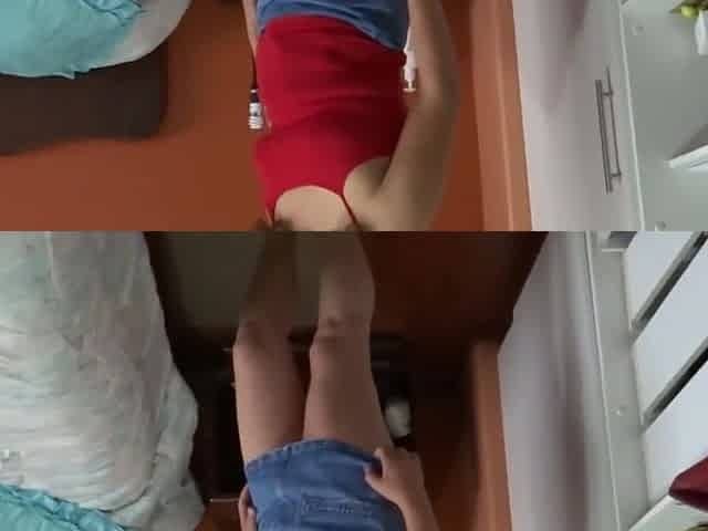 I get clothed in front of the maid's stepson and we end up having sex, large jizz flow on my butt