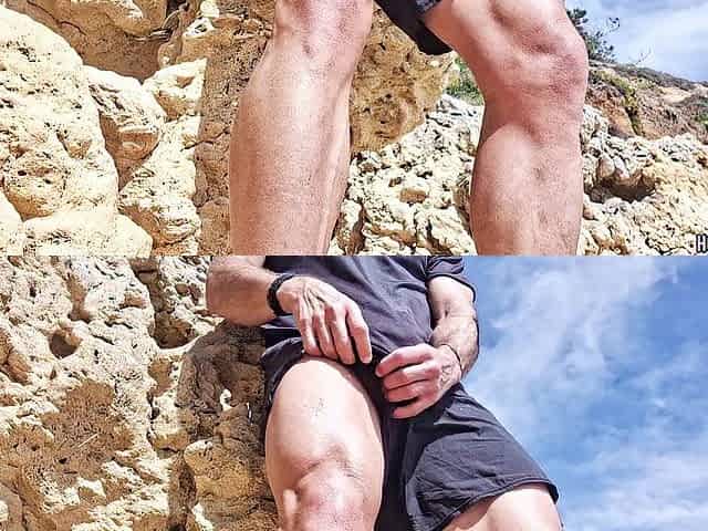 Charming Fitness chap stroking on a public beach - risky and nearly caught