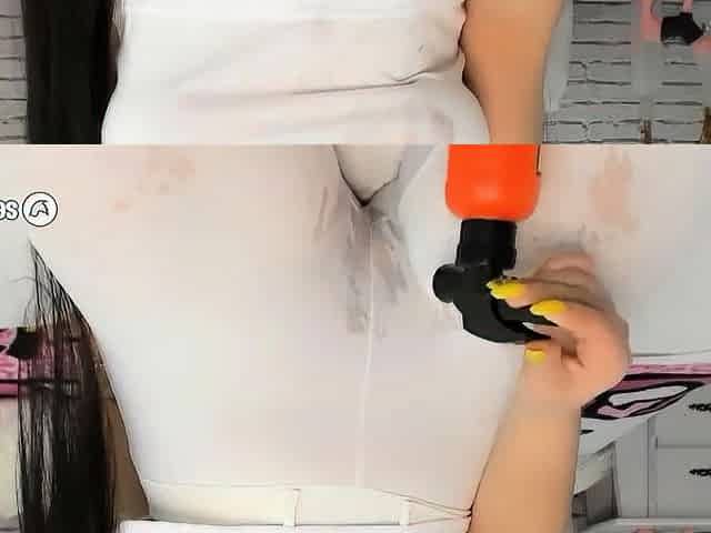 Wet tee-shirt and yoga pants with a stunning massive