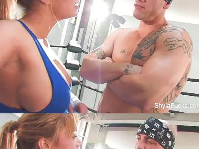 Breasty blond Shyla Stylez does some hardcore training