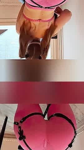 Hot large booty Aeons Echo manga game beauty cosplay in hot pink spandex panties and leather harness
