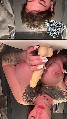 POV squirt at the camera after playing with cunt in a McDonald's restroom, nearly got caught