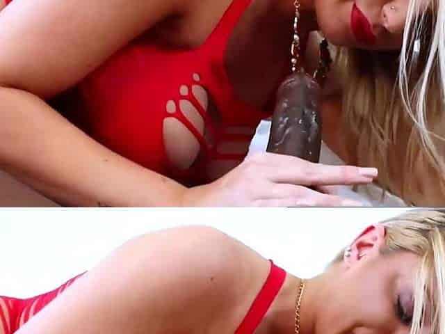 Sexy blondie with massive funbags enjoys oral sex