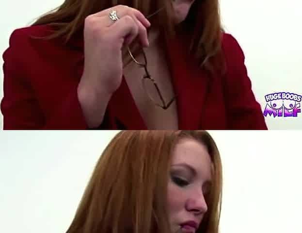 This charming redhead in high heels with large bazookas got creampied by a stud