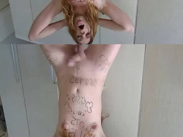 Just a femboy fuckdoll addicted to porn humiliating herself for the camera with captions written in her body.