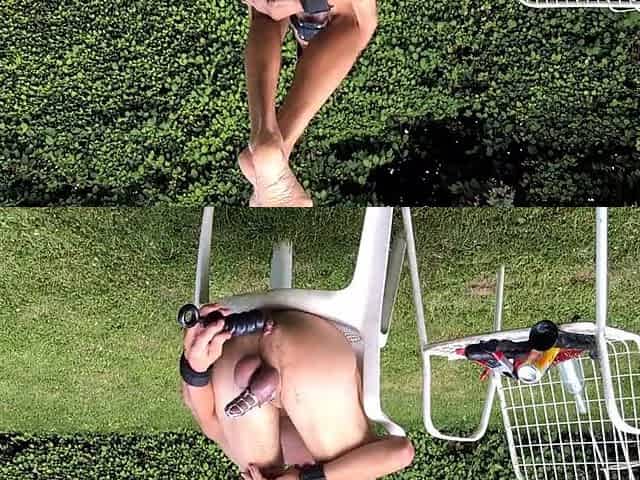 undressed pathetic white thrall outdoor in schlong cage shows party guests what fit in homo booty, CMNM