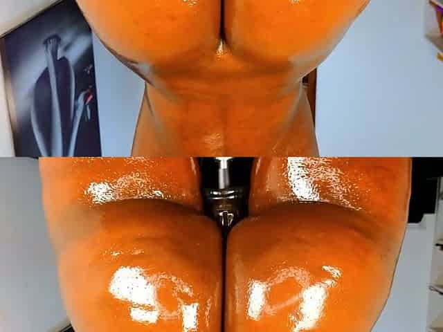 Horny ebony slut with an awesome oiled bubble butt gets the ultimate pleasure being penetrated by a sex machine