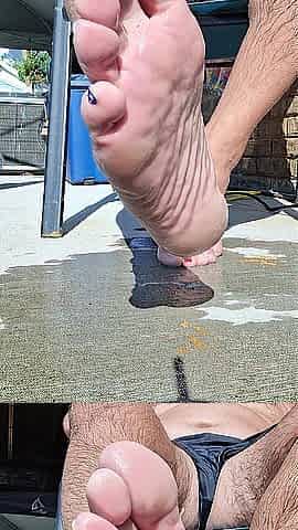 Showing off my soaked feet and hirsute legs