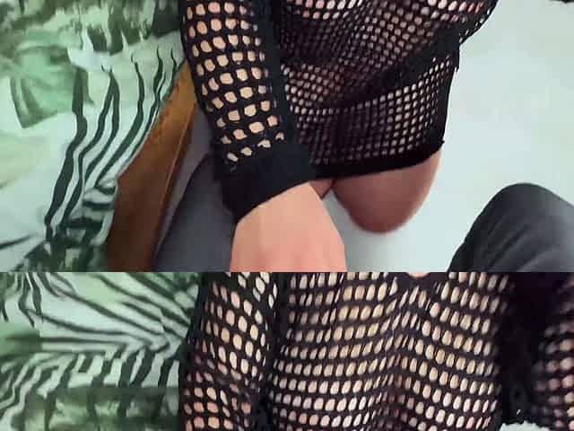 Cum on his wife's big tits. Her clothes are see-through,