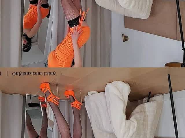 Long Legs, Stockings, High Heels and a Bright Orange Dress. Laony Does Some Candid Posing for You