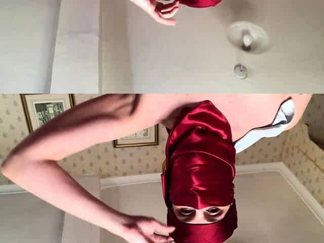 Small titted girl in stockings fucks herself with a dildo