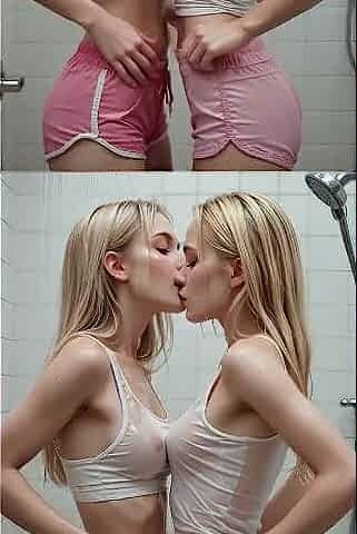 Golden-haired Shower Lesbian babes Tribbing Giving a kiss Lactating and Drooling [AI]