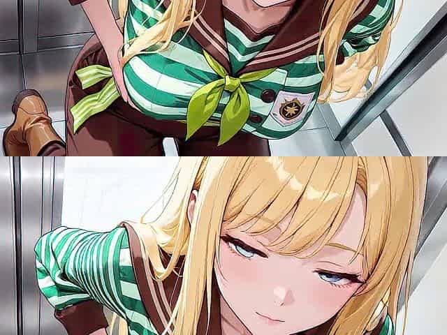 Ai - Blond Maid behind the bar, flushed in a constricted green striped uniform!