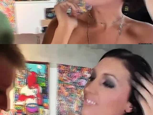 Horny brunette with big boobs sucking cock and riding