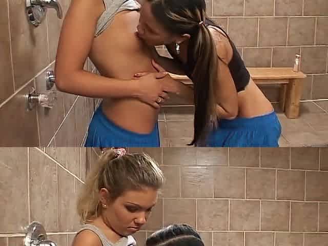 Lesbian babes lick every other in the college baths