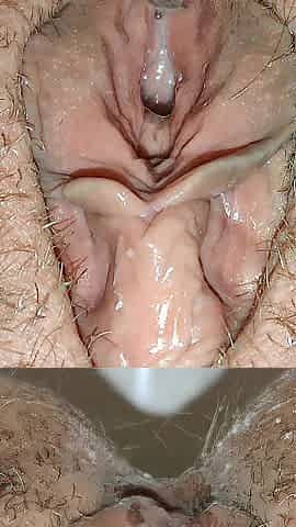 Wide open snatch oozing cum after sex and pissing with little fart - Ultra Closeup