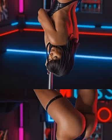 Hot Long Black Haired AI Generated Pole Dance Stripper in Sexy Black One Peace Swimsuit