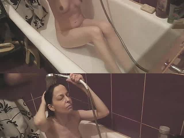 A slim brunette hair washes herself in the washroom and gives a fellatio - PlayingGods