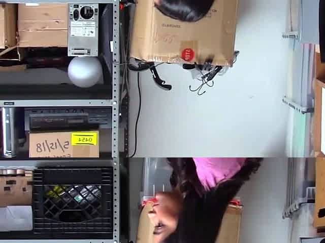 Busty brunette gal does cowgirl in storage