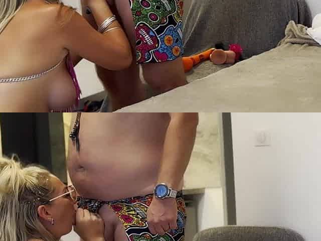 Excited pair coming back from Cap d'Agde naturist village pool party