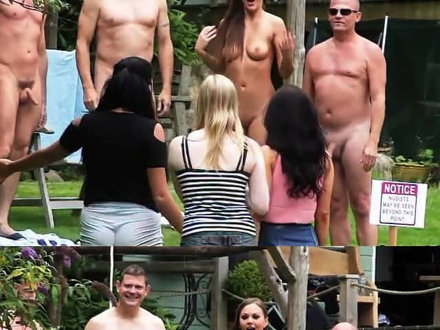 Clothed babes tug nudists
