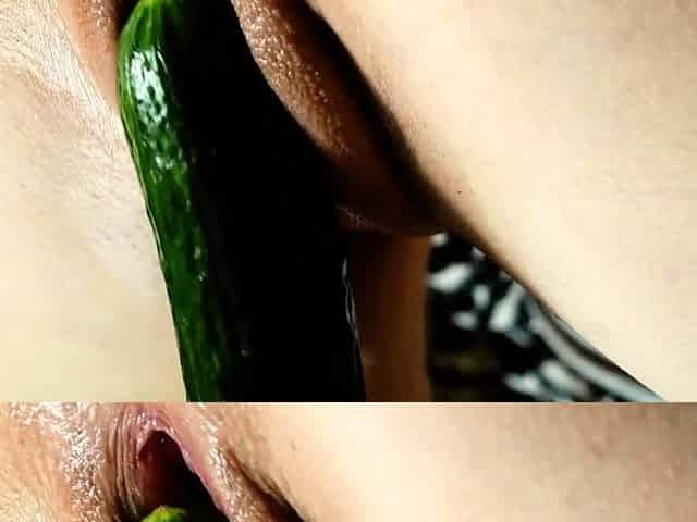 Asian Solo Female Plays with Cucumber on Webcam