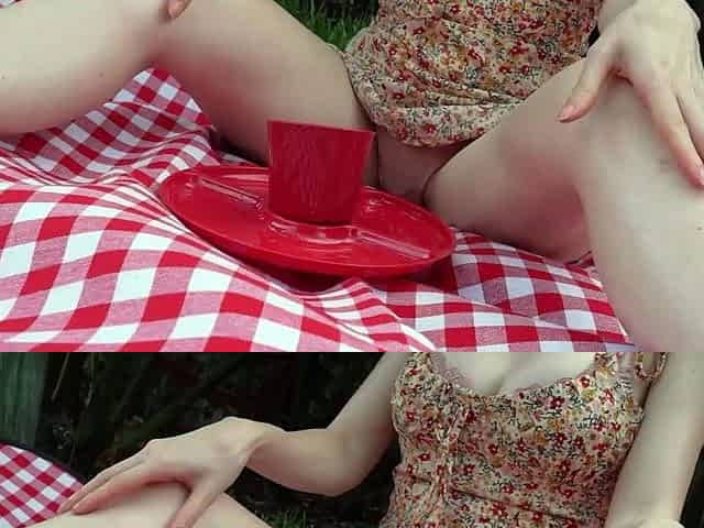 Outdoor solo masturbation scene with curly blonde