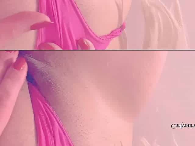 Golden-haired with multiple straps up her moist vagina lips!