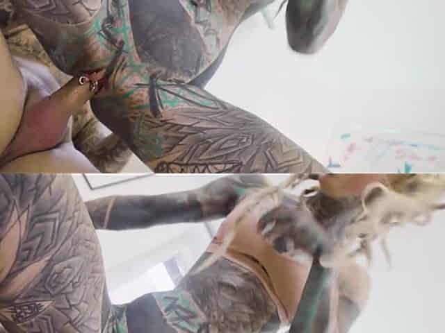 Fully Tattooed Girl Gets All Her Holes Pounded by a Huge Cock and Gets Cum in Her Anal Gape Double Penetration