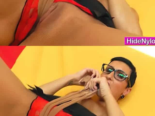 Orgasmic blonde masturbates with pantyhose