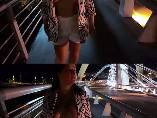 MILF Flashes her Big Tits and Pussy on the Street Bridge
