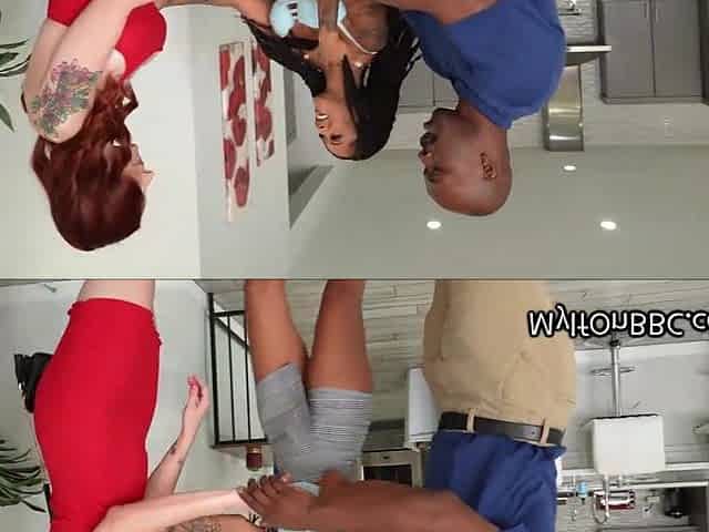 Ebony wife invites big tit redhead for a 3some sex