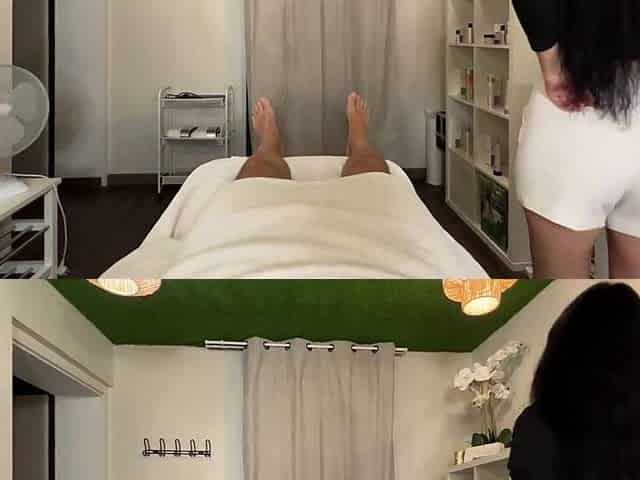 Masseuse with large breasts did a cheerful ending massage and drank cum