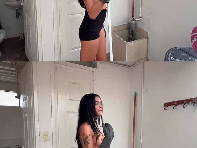 The Maid Is Caught Masturbating with the Mop in Front of the Neighbors, She Wants to Fuck Everyone