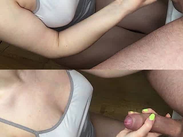 Tugjob ejaculation on large natural boobs Cum on raiment