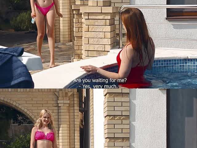 Two hot lesbians Una Fairy and Nicole Murkovski have fun by the pool