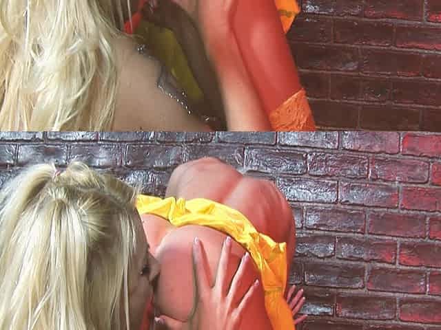 Two at a Time Scene-4_busty Blondes in Lingerie Having a Threesome in the Alley, Including a Facial.