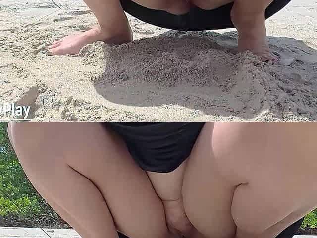 Peeing below a petticoat on a public beach
