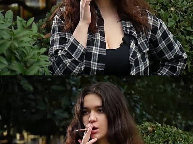 Sweet and Busty Russian Babe Smoking Cigarette in Nature