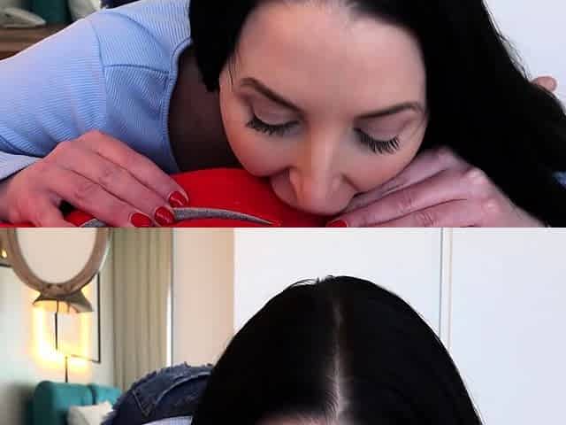 Brunette girl with big boobs giving blowjob and titjob