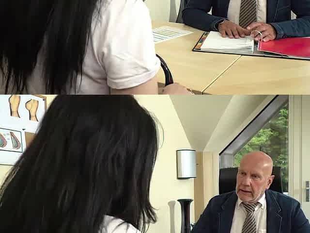 Breasty youthful wife asks old doctor to give her larger titties then screws him