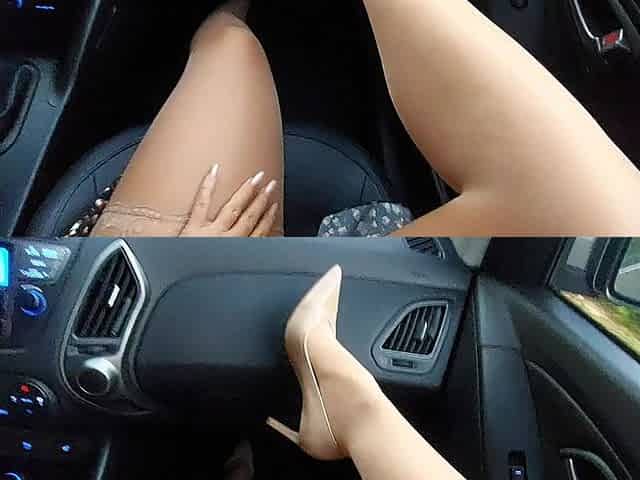 Elegant Stepmom in Stockings and Heels Teases Her Stepson on a Car Ride