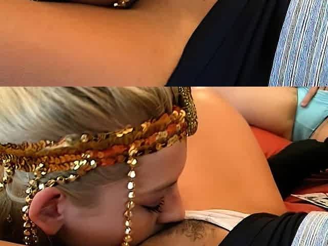 Sexy blonde and brunette lesbians having threesome fun