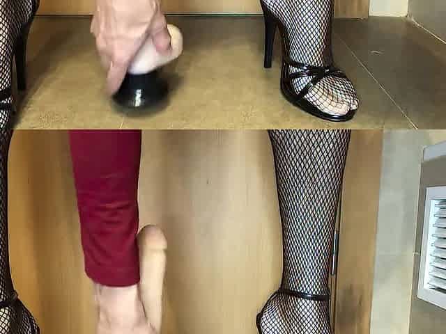 T-girl in high heels riding large sex-toy