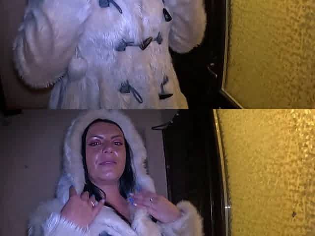 Risky Outdoor & Indoor Blowjob in Stockings & White Fur Coat - Messy Cum Finish 297