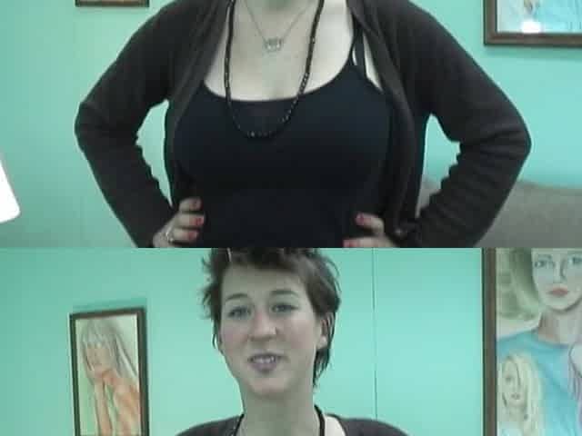 Tall busty brunette strips down and spreads her labia in the living room